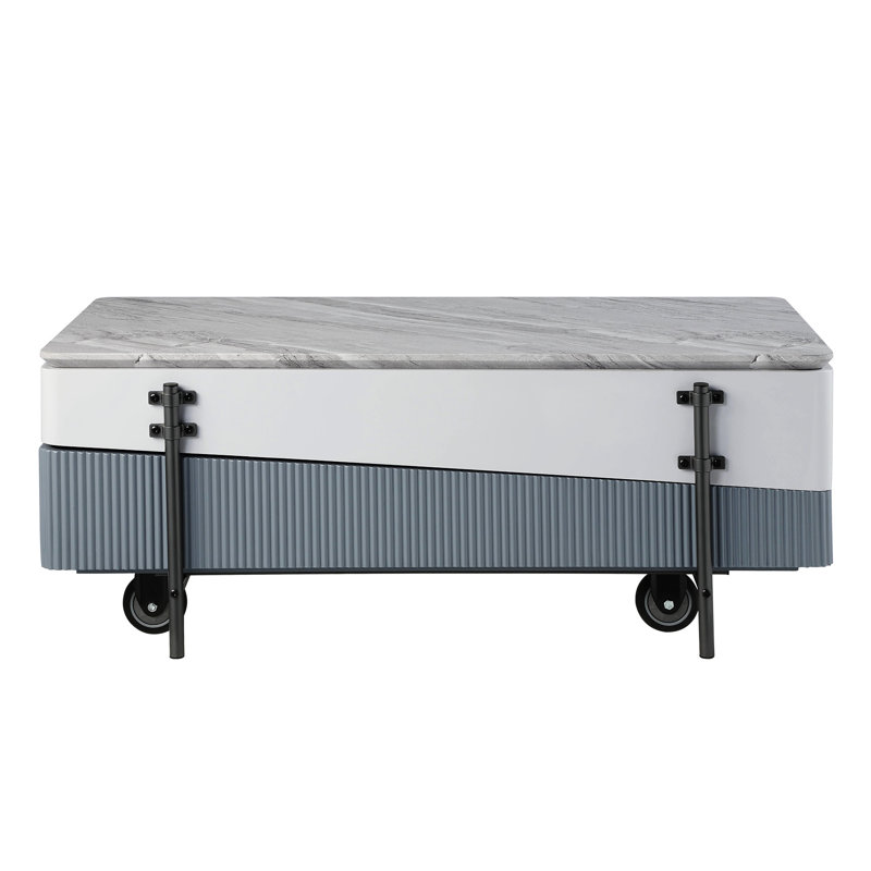 Table basse contemporaine grise et blanche avec plateau de rangement relevable pratique