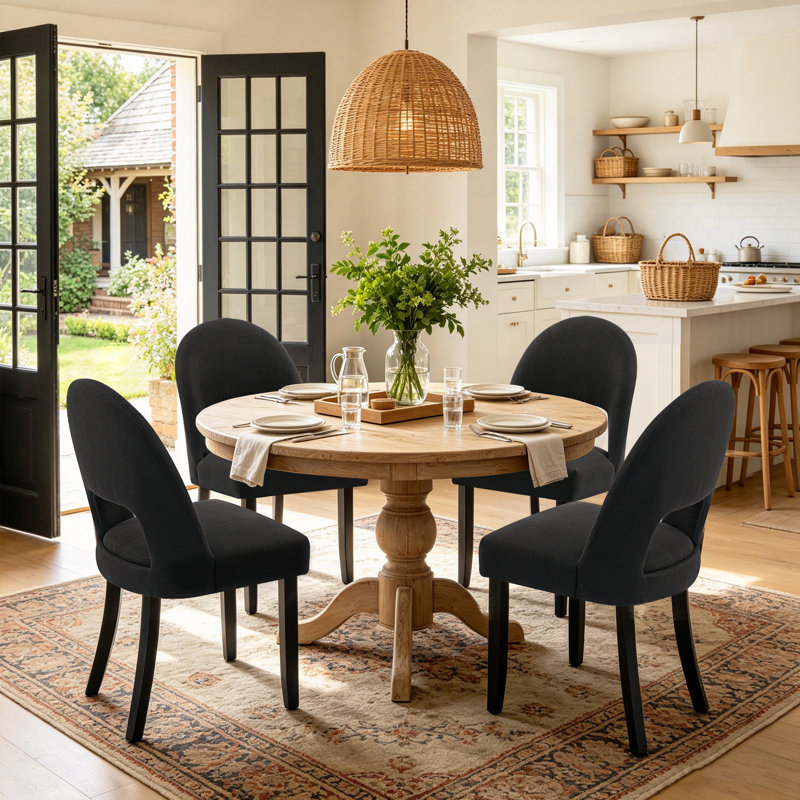 Cindina Linen Upholstered Dining Chairs with Curved High Back and Solid Wood Legs,  Black/Black