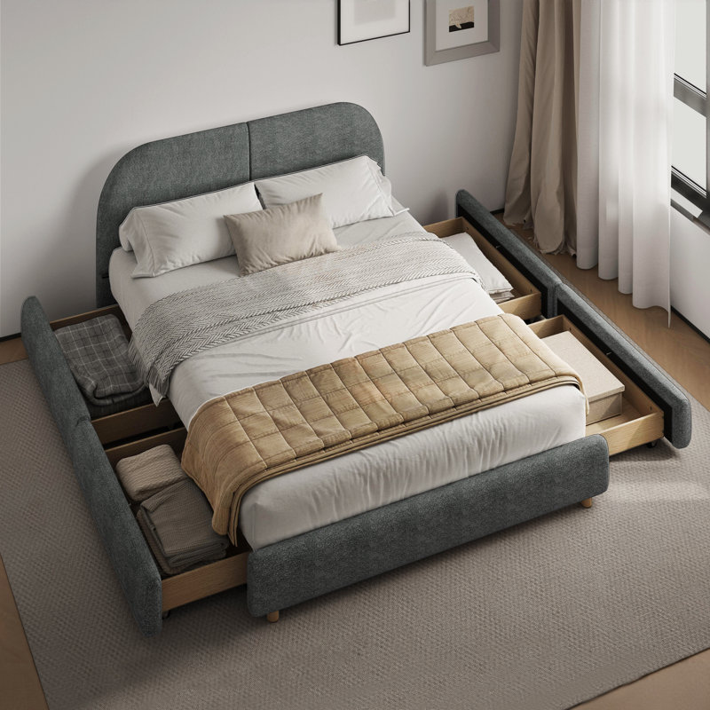 Structure de lit rembourrée Boucle avec tête de lit courbée et tiroirs de rangement sous le lit, Gris foncé, Grand