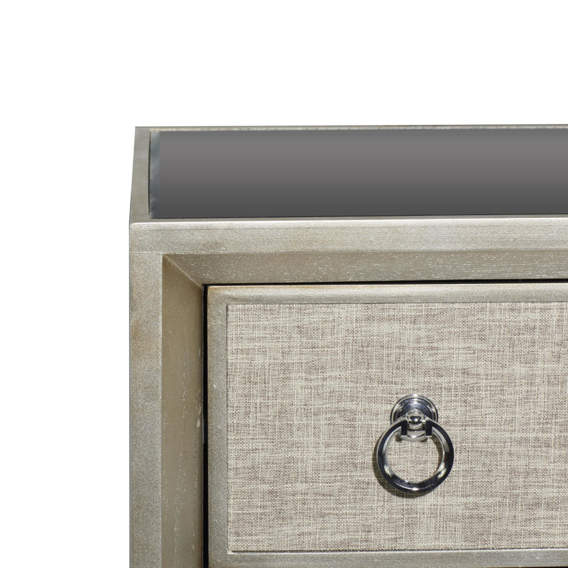 Beige Upholstered 3 Drawer Chest with Mirrored Top and Ring Handles