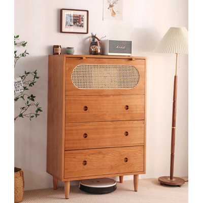 Nordic Cherry Wood Rattan Accent Cabinet