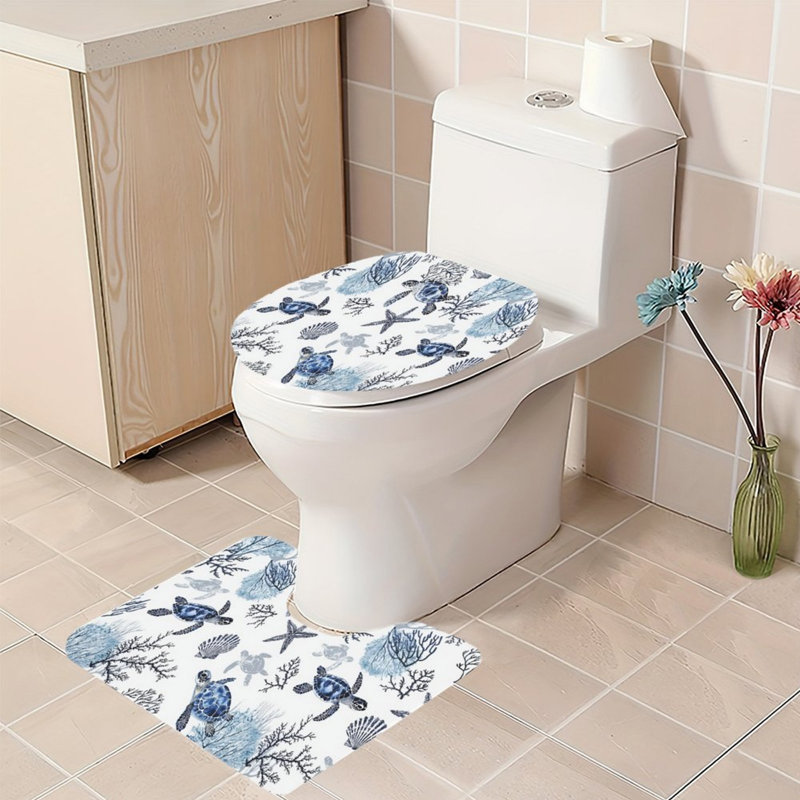Ensemble de 2 tapis de douche nautique, Bleu / blanc étoile de mer