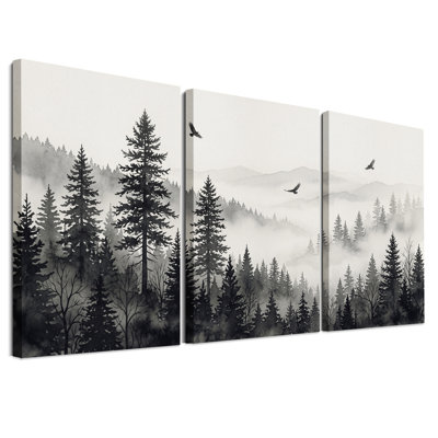 Encre lavée à l'encre, forêt de pins et oiseaux, ensemble de 3 toiles