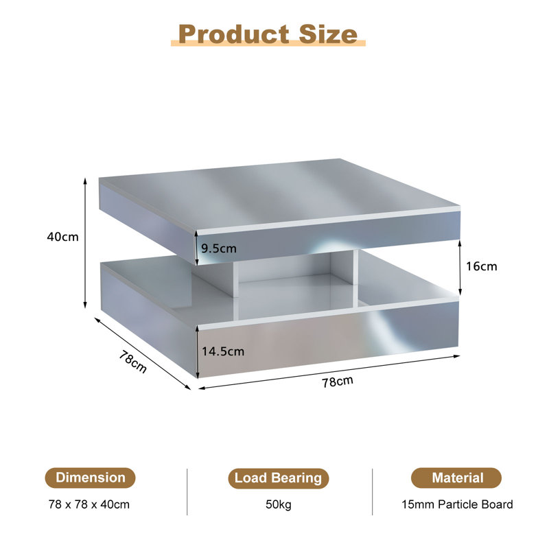 Charvez Solid Coffee Table with 16 Colors LED Lights, 78 x 78 cm, 40cm H x 78cm W x 78cm D, Silver