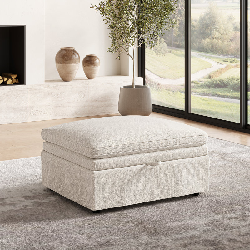35" Wide Upholstered Seat Cushion Comfy Storage Down Ottoman, Beige