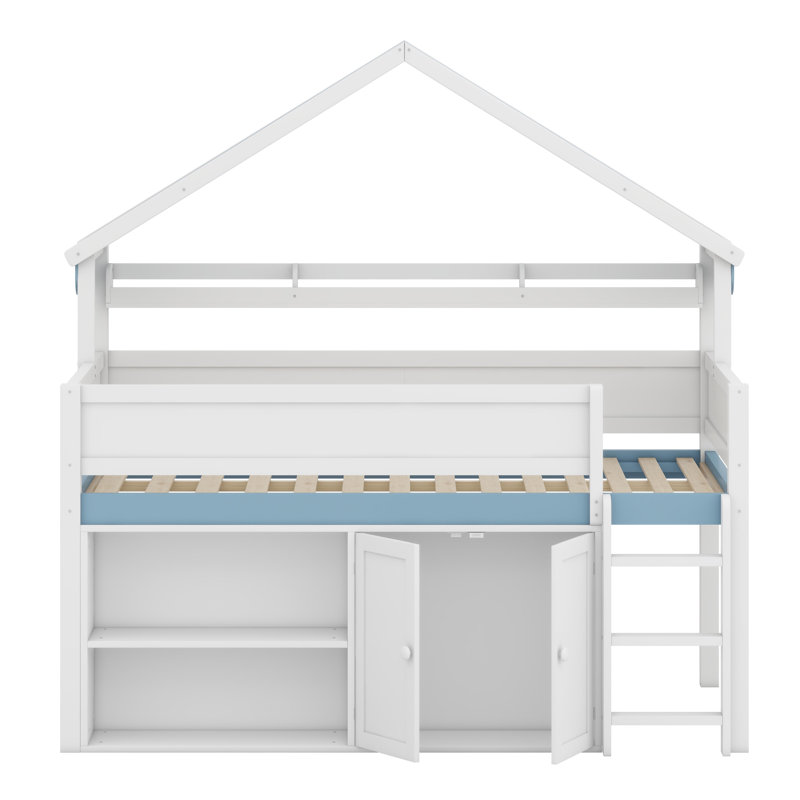 Lit mezzanine moderne avec toit à baldaquin et armoire de rangement intégrée, Blanc et bleu