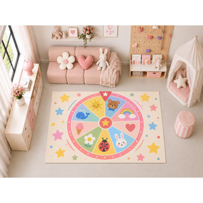 Tapis d'intérieur ultramince 152 x 213 cm à motif d'animaux et roue tournante, idéal pour chambre d'enfant, crèche, salle de classe et salle de jeux. Doux et à poils courts, avec revêtement antidérapant en silicone.