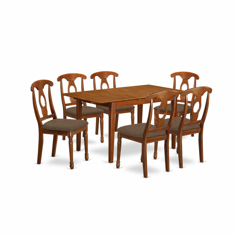 7 Piece Dinette Set Consist of a Rectangle Dining Room Table with Butterfly Leaf and 6 Linen Fabric Upholstered Dining Chairs, 32x60 Inch, Saddle Brown