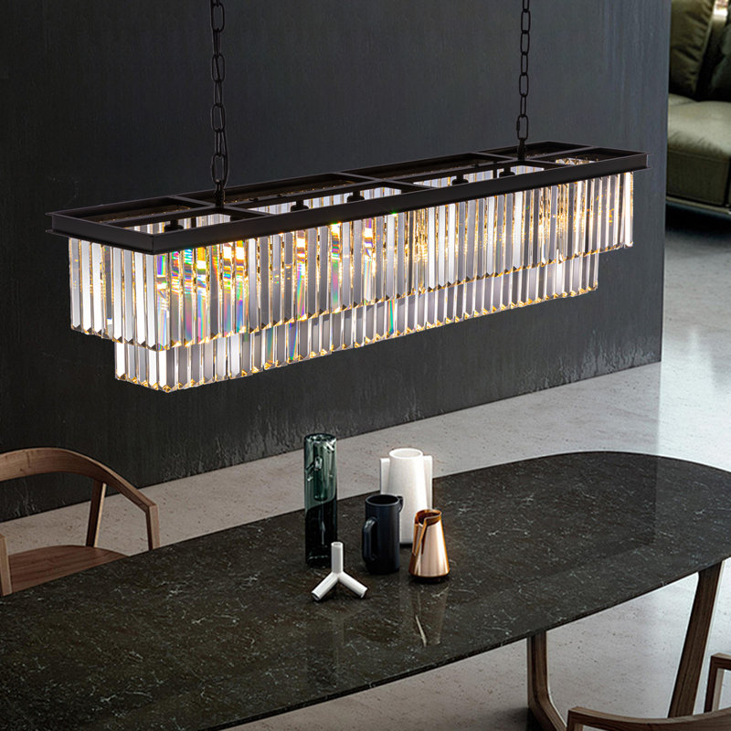Dimmable Tiered Rectangle Chandelier With Crystal Accents, 10" H x 47" W x 10" D, Black