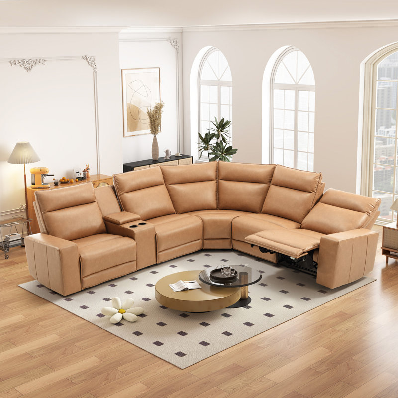 Idrissi Modern Top Faux Leather Electric Reclining Home Theater Sectional Sofa with Console & USB & Fold-Down Backrest