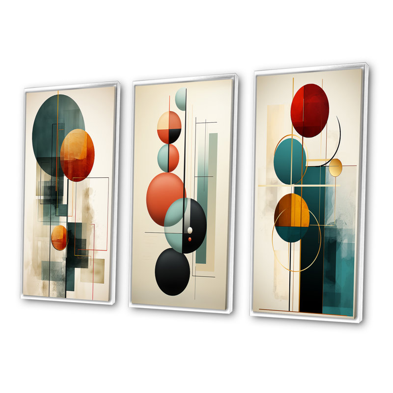 «Rising With The New Moon Geometrics Retro Blue», 3 pièces, Cadre flottant blanc, H 28 po x l 36 po