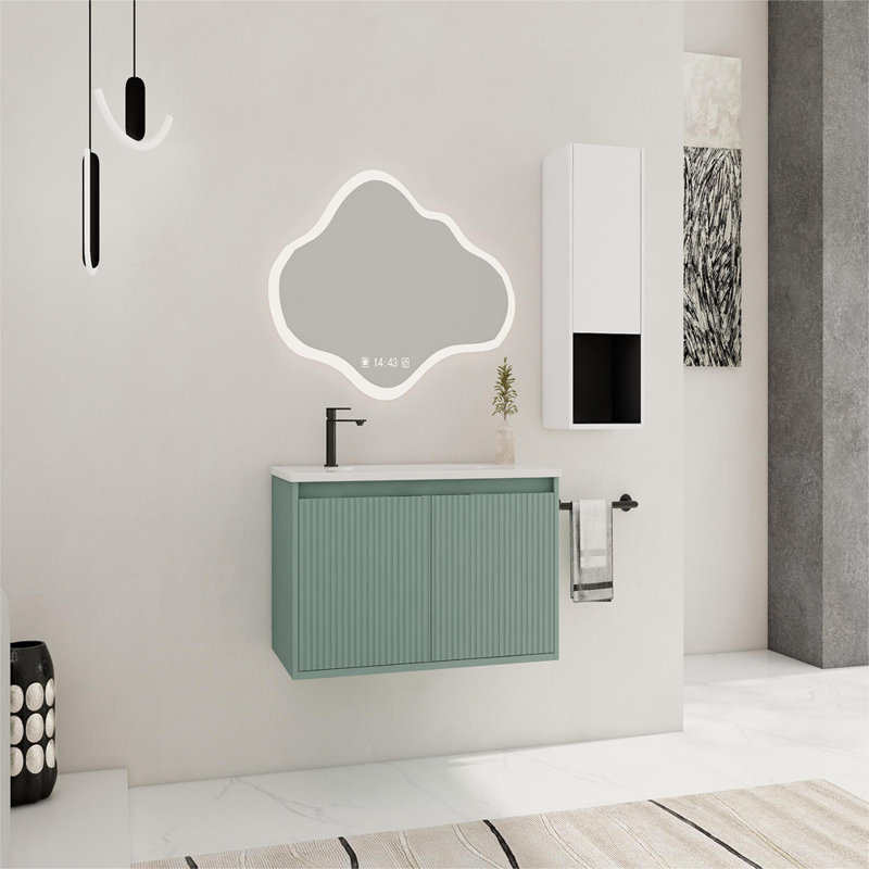 Meuble-lavabo flottant 36 po avec lavabo en résine en forme de goutte, armoire latérale et portes à fermeture en douceur