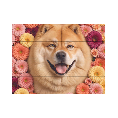 Ben Heine Cute Chowchow Dog With Flowers 4 Wood Slat Art