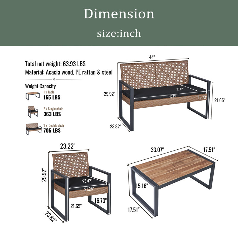 Ensemble de meubles de patio 4 pièces avec balcon et véranda, Noir, Marron clair