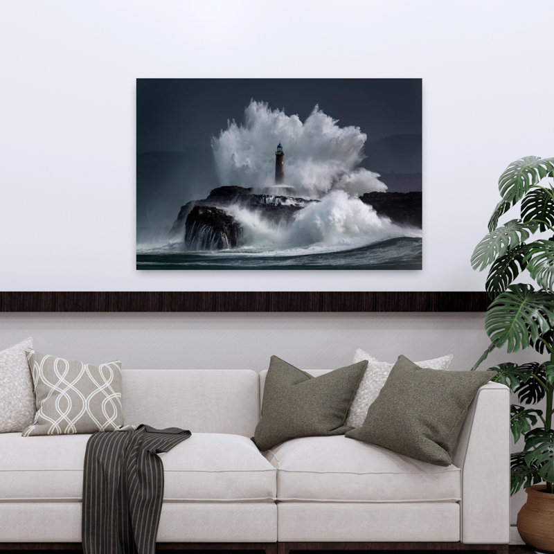 Art contemporain, paysage côtier abstrait dramatique, H 32 po x l 48 po