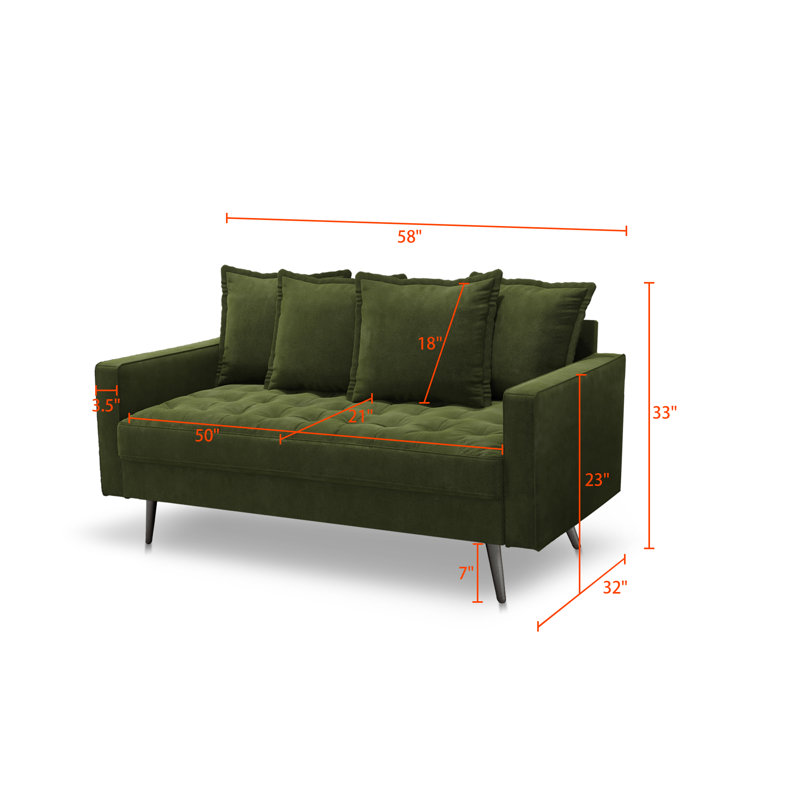 Urbano 58" Velvet Square Arm Pillow Back Sofa Loveseat, Olive Green Velvet
