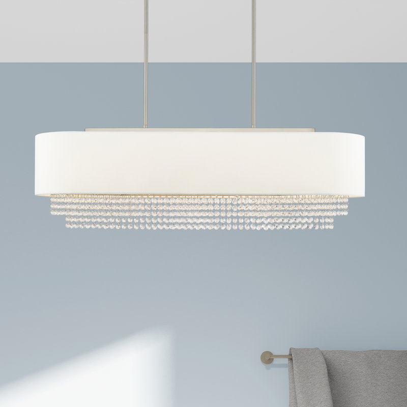 Lustre carré / rectangulaire en cristal pour îlot de cuisine 5 lumières Claudelle, Nickel brossé, Blanc cassé