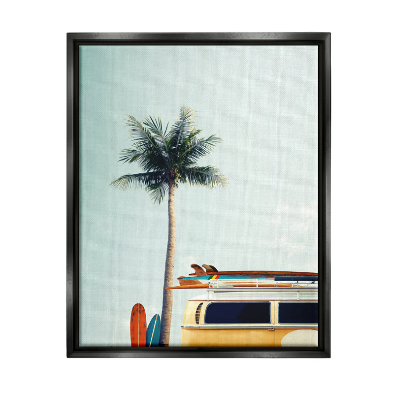 «Surf Bus Yellow with Palm Tree», photographie sur toile par Design Fabrikken, Cadre flottant noir de jais