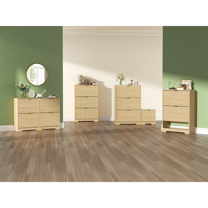33-inch Wavy-Patterned Four-Door Shoe Cabinet with Grooved Flip-Top Drawers and Moisture-Resistant Countertop, Beige