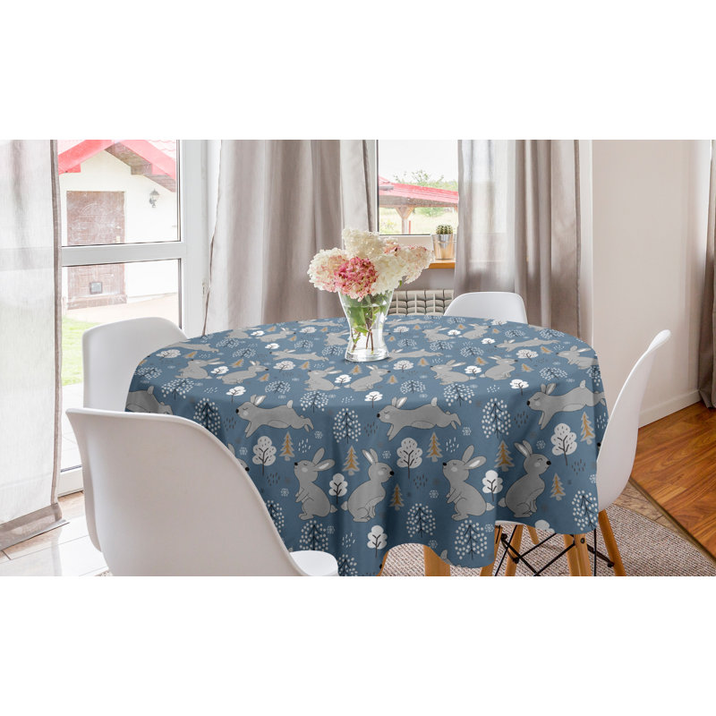 Ambesonne Bunny Round Tablecloth, Continuous Pattern Trees And Rabbits Snowflakes, Circle Table Cloth Cover For Dining Room Kitchen Decoration, 60", Blue Grey Pale Taupe