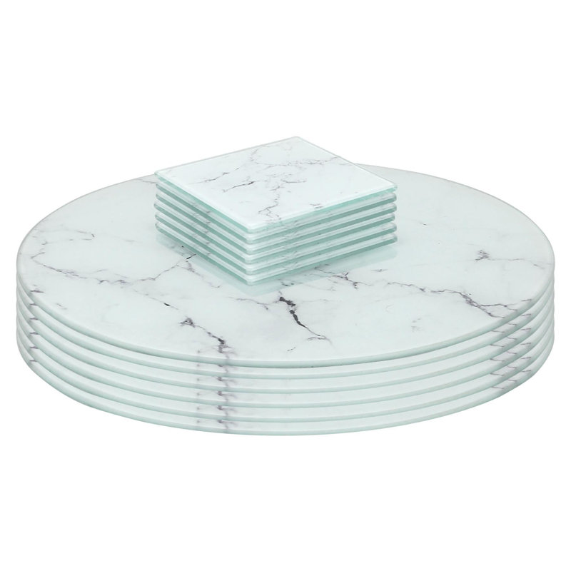 Harbour Housewares - 12pc Round Glass Placemats & Square Coasters Set - 30cm - White Marble Effect