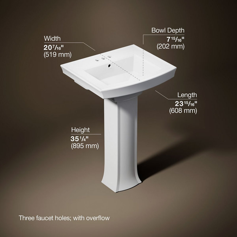 Archer 24" Rectangular Pedestal Bathroom Sink with Widespread Faucet Holes, White, 4" Centers