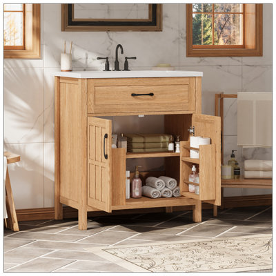 30" Bathroom Vanity With Resin Sink, Solid Wood Frame Bathroom Sink Cabinet With Adjustable Shelf, Cabinet Door Organizers, Natural Wood Grain