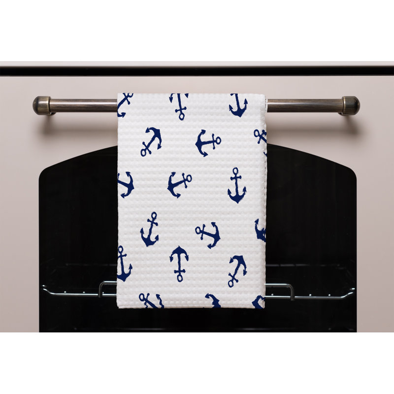 Cotton Waffle Tea Towel Kitchen Towel, White/Navy
