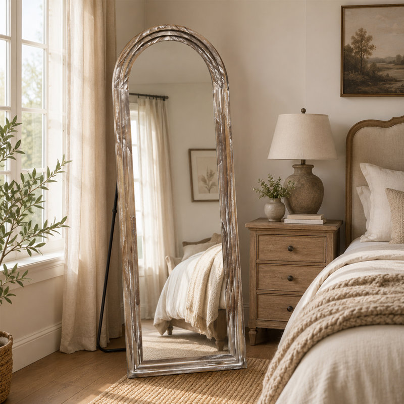 Arched Solid Wood Full Length Mirror, Antique White Wash