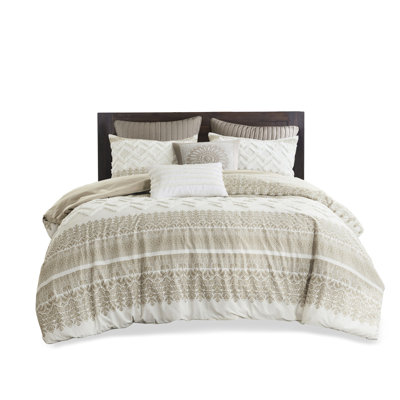 3 Piece King/ King Duvet Cover - Cotton, Chenille Tufting, Updated Print, Taupe Back, Button Closure, Corner Tie Solid Reverse,