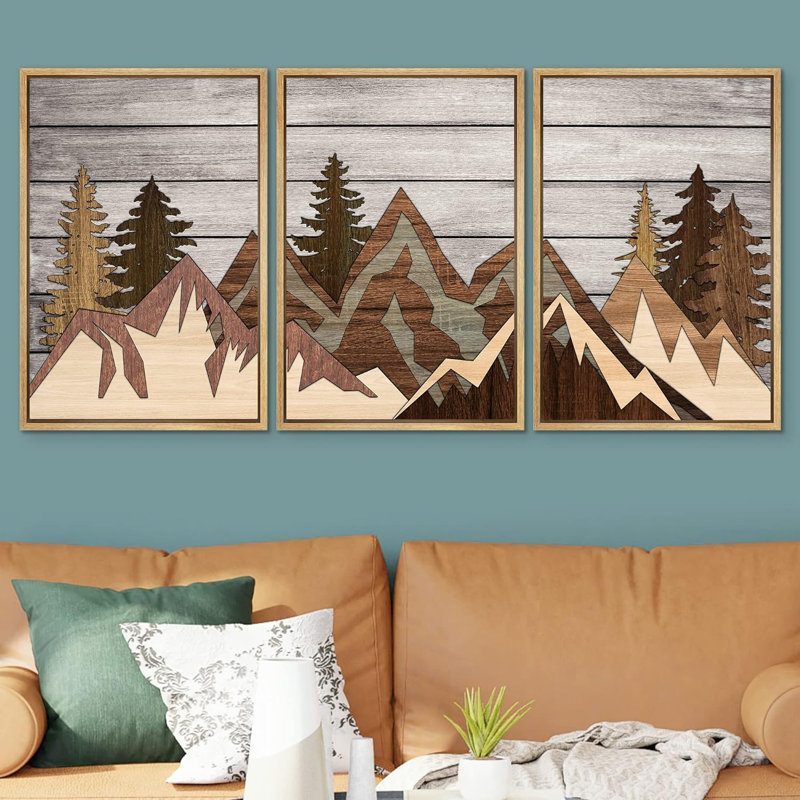 Western Wood Effect Landscape, panneau de bois, chaîne de montagnes, impression encadrée sur toile, 3 pièces, Naturel