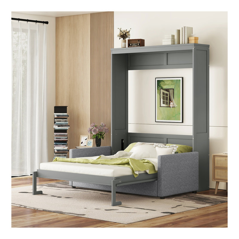 Grand lit escamotable mural avec coussin, gris