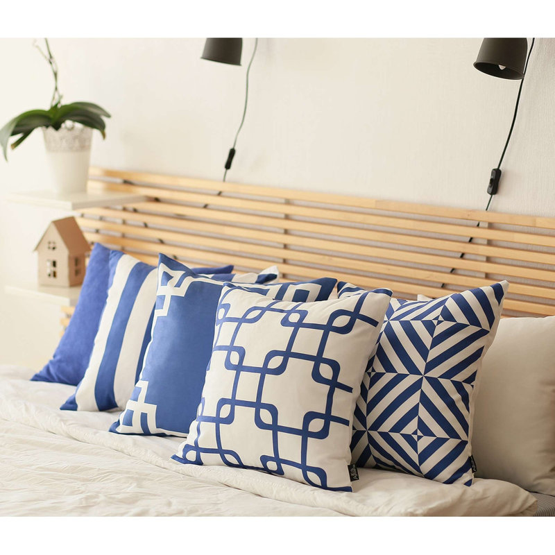 Geometric Blue and White Polyester Throw Pillow Cover