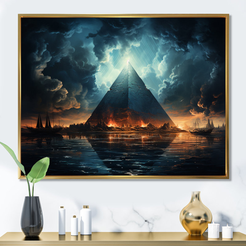 Pyramide réverbération monochrome sur toile, H 12 po x l 20 po x P 1 po, Cadre flottant doré