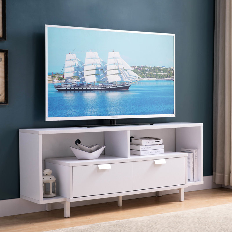 Meuble télé 60 po blanc moderne avec deux tablettes et tiroirs - Meuble télé robuste et captivant, blanc et stable