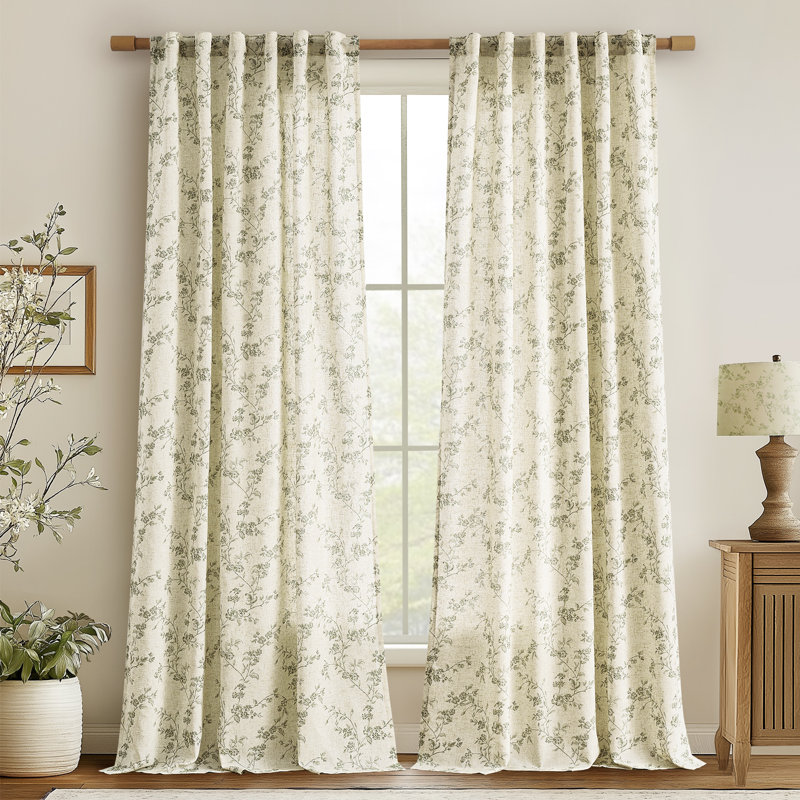 Paire de rideaux semi-transparents en mélange de lin à imprimé floral avec passe-tringle, Vert, L 50 po x L 96 po
