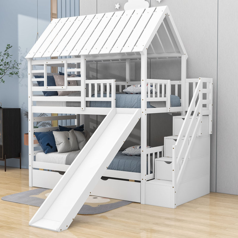 Perignan Twin Over Twin Bunk Bed with Built-In Stairs , Trundle Bed Included, White