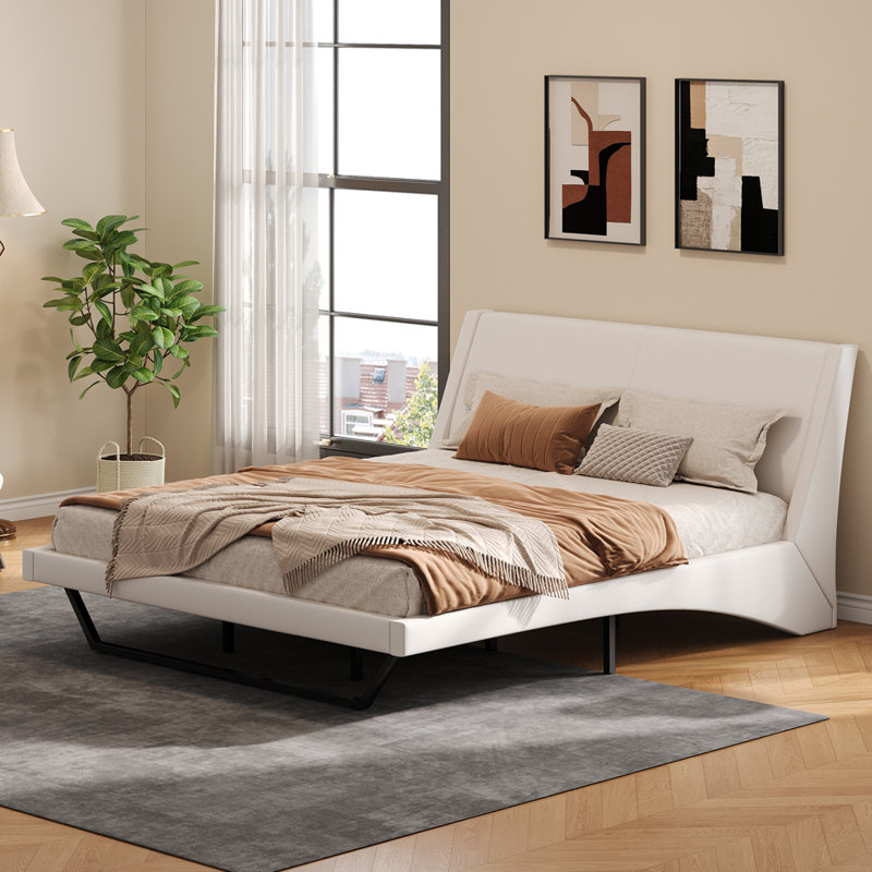Très grande base de lit tapissier, plateforme en cuir de polyuréthane avec design en forme de vague, aucun sommier requis, blanc