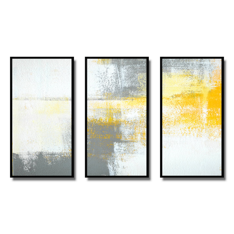 Gris et jaune bleu abstrait X - ensemble d'art moderne sur toile encadrée moderne de 3, H 28 po x l 36 po x P 1 po, Noir