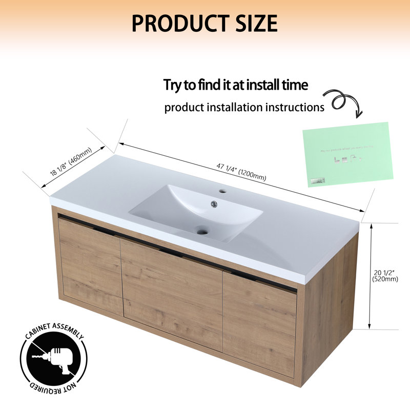 Meuble-lavabo mural simple 46,9 po avec plateau en résine Cortaro, Brun clair