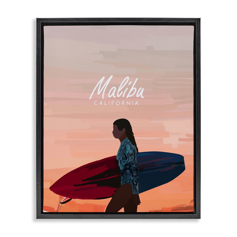 «Malibu Surfer Girl», art mural encadré par Amelia Noyes, Cadre flottant noir de jais, H 21 po x l 17 po