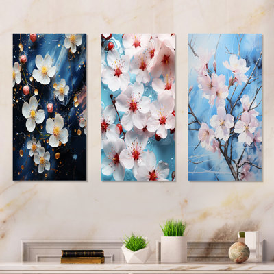 White And Blue Cherry Blossoms Flow II - Tree Cherry Blossom Metal Wall Art Prints Set Of 3