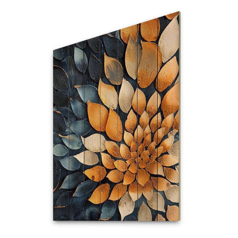 Feuilles dorées et bleues lumineuses Vortex II - impression traditionnelle en bois doré sur bois de pin naturel
