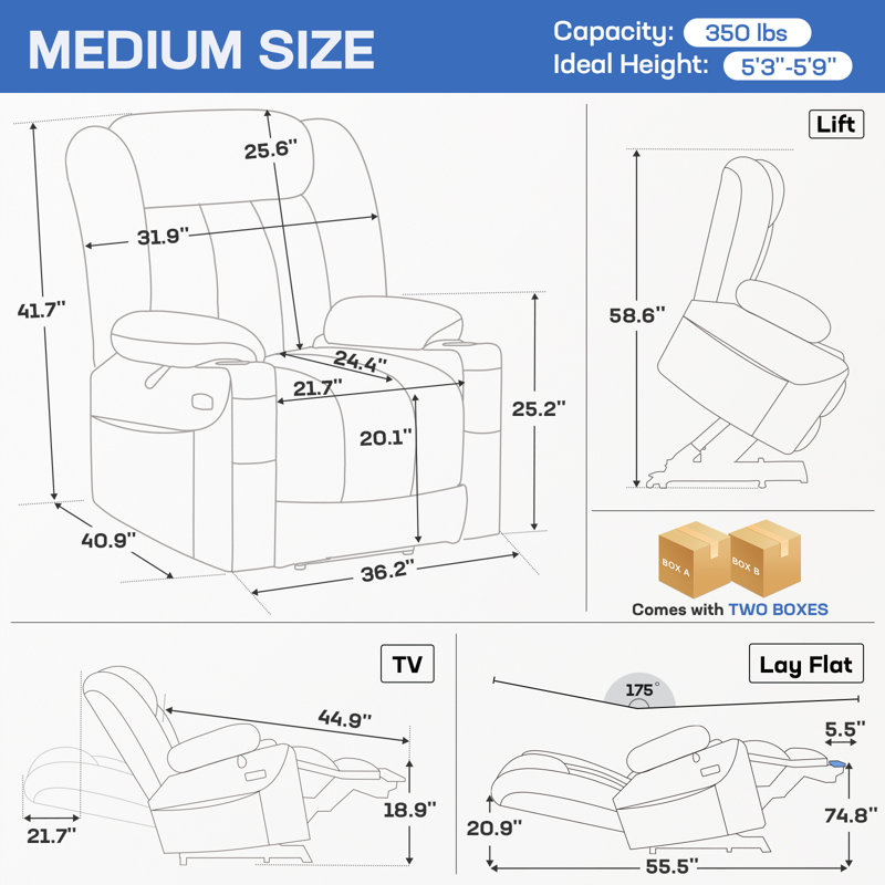 Dual Motor Power Lift Chair Recliner for Elderly with Massage and Heat, Infinite Position Electric Lift Recliner with USB A&C, Cup Holders (T6010 - Faux Leather, Black, Medium)