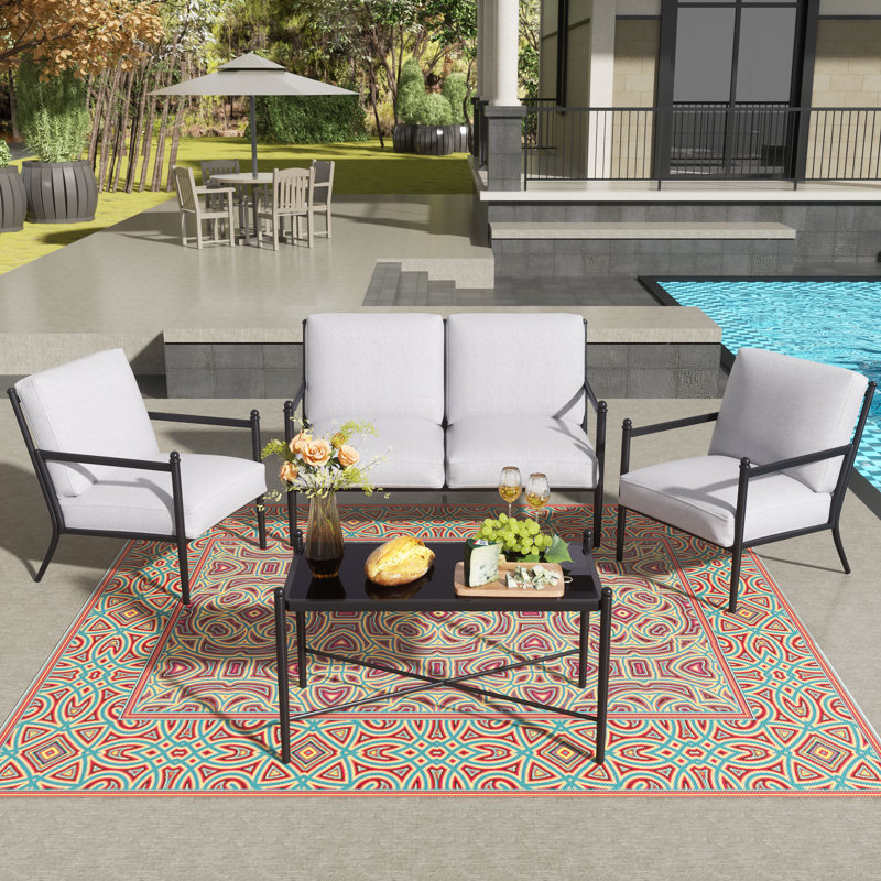 4-Person Steel Seating Group With Glass Table, White