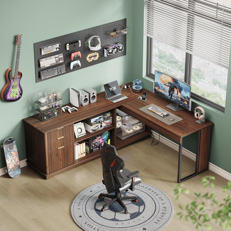 L Shaped Desk With Lift Top, Power Outlets, 3 Fluted Design Drawers, Storage Shelves,CPU Stand, Dark Brown