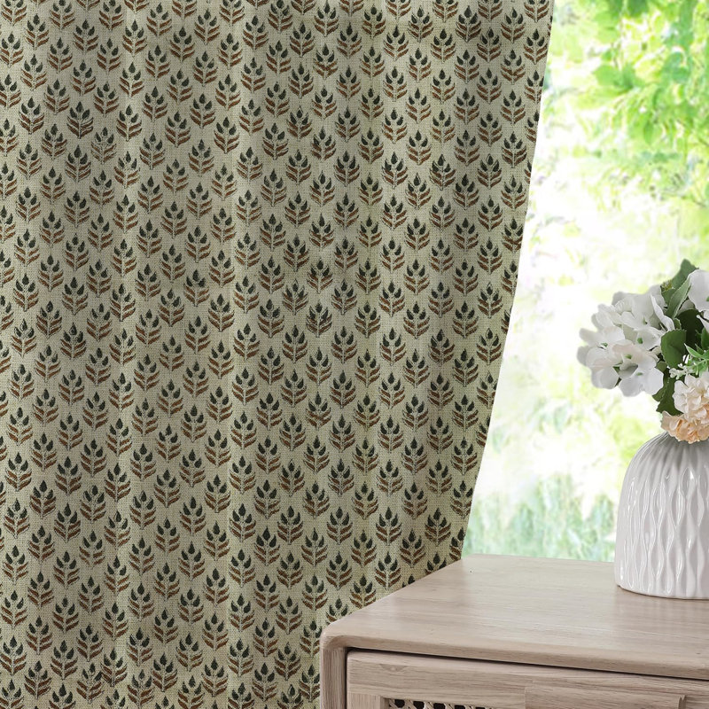 Fabdivine Home Decorative Dark Green or Brown 100% Blackout Handmade Block Print Floral Curtains 27x96 Inches, Pleated Pinch Drapes for Office, Bedroom, Kitchen, or Patio, Alia