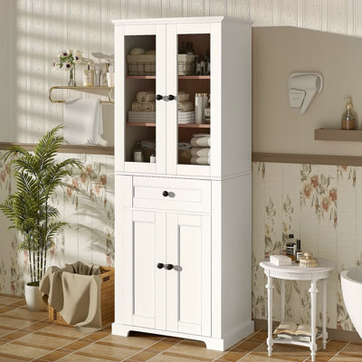 67.2" Tall Bathroom Storage Cabinet With Tempered Glass Doors, Adjustable Shelves & Drawer – Modern Freestanding Linen Tower, Soft-Close Design