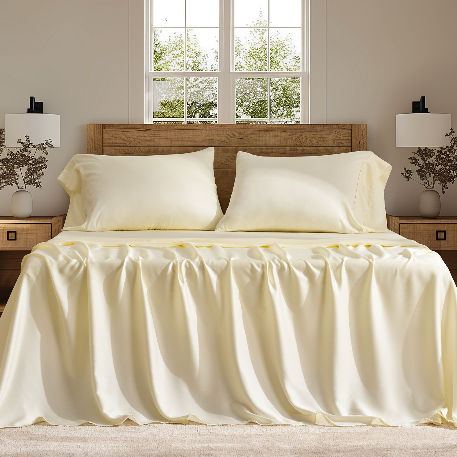 Tencel Sheet Set 4 Pieces, Cream White, Queen Sheet Set + 1 Fitted Sheet + 2  Pillowcases