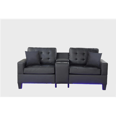 Canapé en PVC noir Genesis de 85 po avec lumières DEL, chargeur USB, console de rangement, porte-gobelets, coussins capitonnés Genesis
